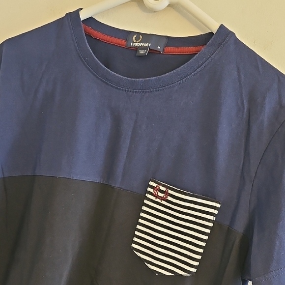 Fred Perry Dark Blue Tee with Striped Pocket - Picture 2 of 6
